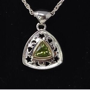 Sterling Silver Peridot Triangle Pendant ONLY Gold Trim Celestial Stars Moons‎
